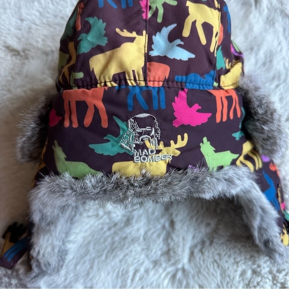 Mad Bomber Kid Moose Eagle Coyote Print Hat Real Rabbit Fur Trapper Hat Size‎ L - Picture 4 of 7